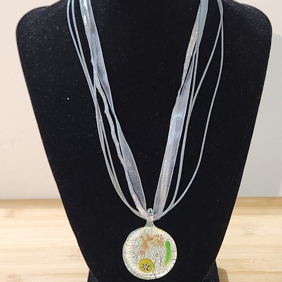 Hand Crafted Ribbon Cord Pendant Necklace Dichronic Glass Gray Turquoise - Picture 2 of 6